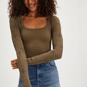 Free People Olive Long Sleeve Lace Top